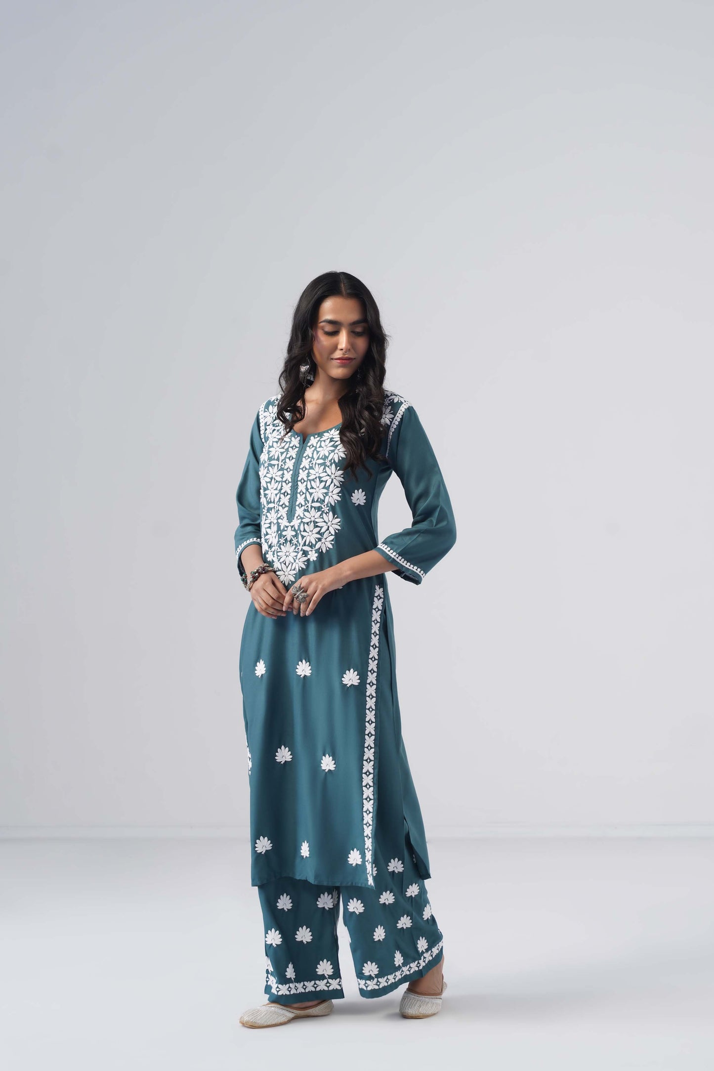 Heer teal green Rayon Kurta Palazzo set
