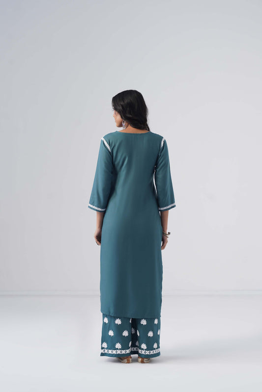 Heer teal green Rayon Kurta Palazzo set