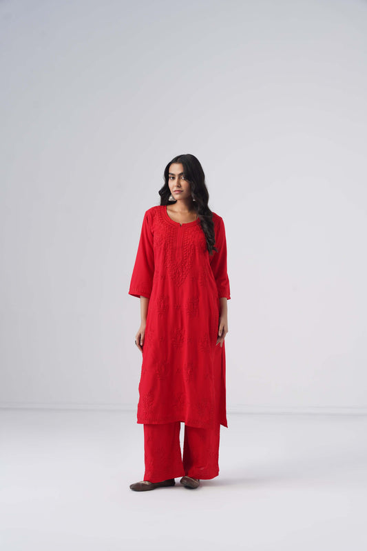 Maahi red Rayon Kurta Pant set