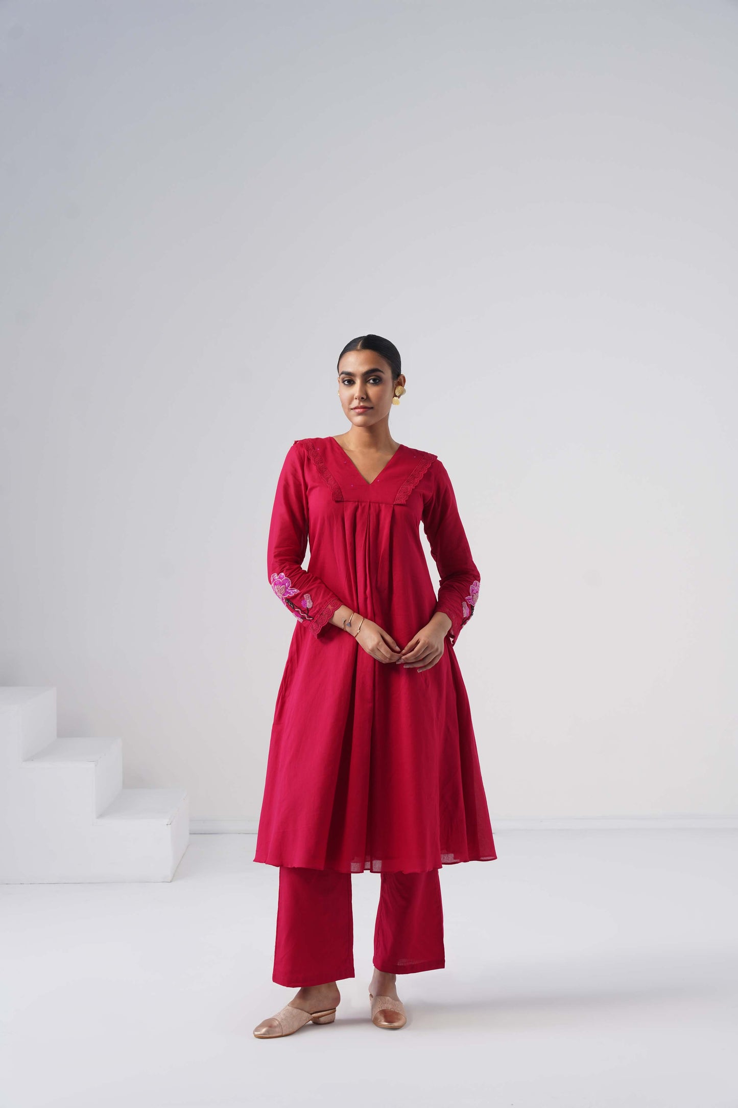 kesar Pink Aline embroidered hand work sleeve mul Chanderi dress