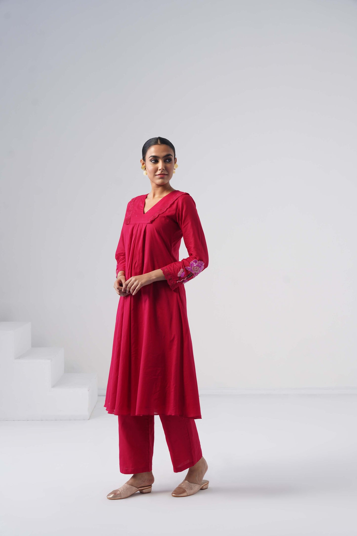 kesar Pink Aline embroidered hand work sleeve mul Chanderi dress