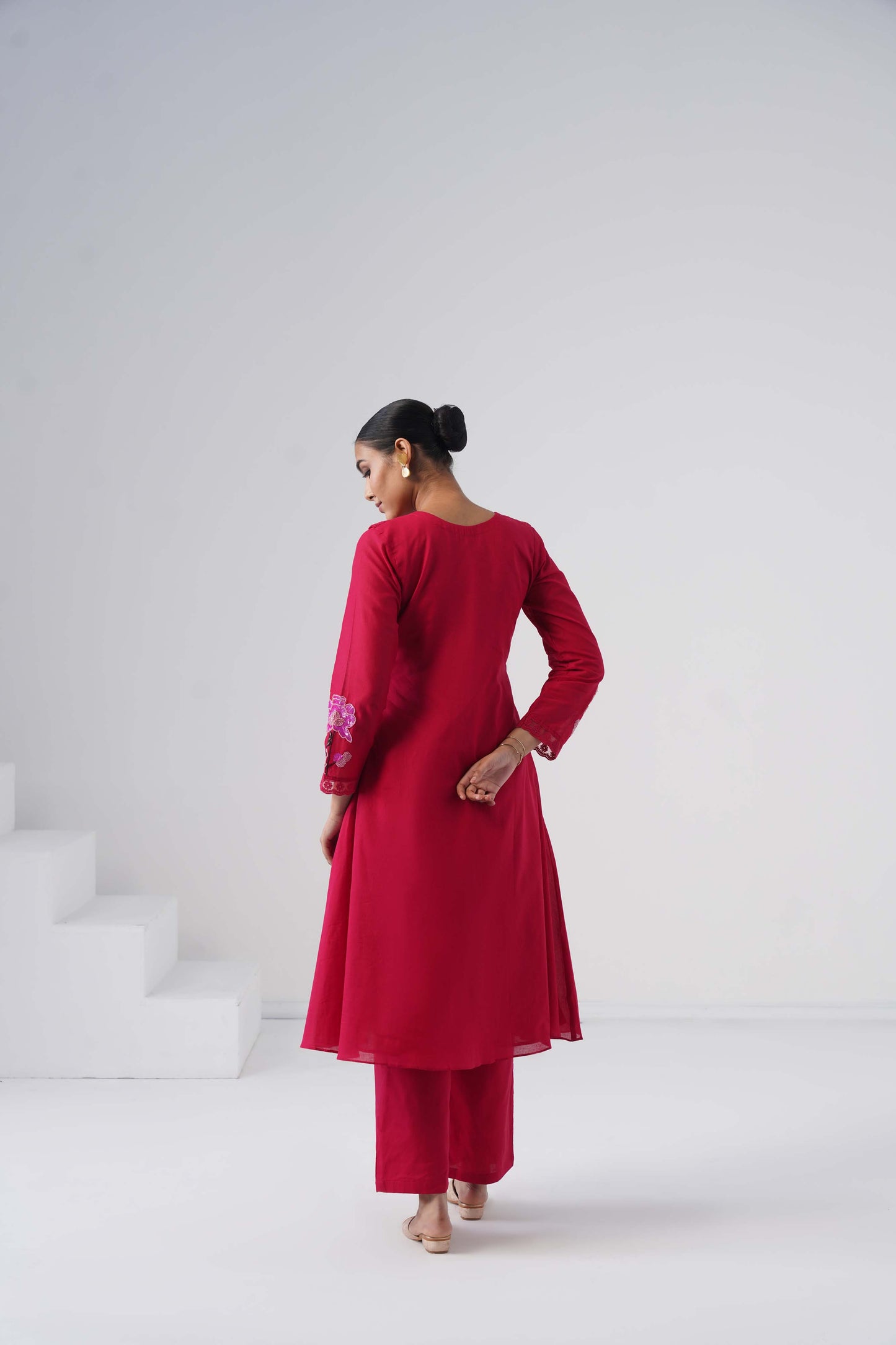 kesar Pink Aline embroidered hand work sleeve mul Chanderi dress