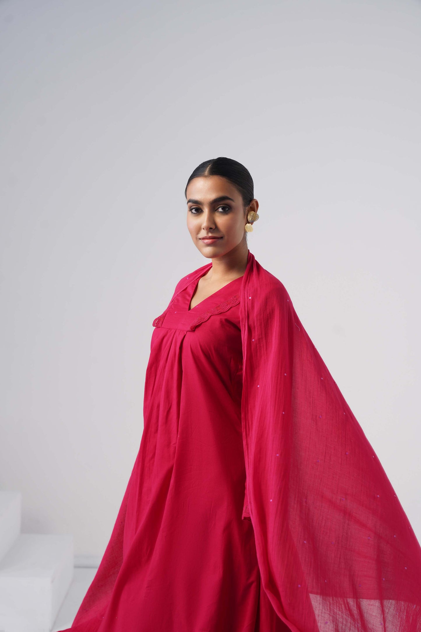 kesar Pink Aline embroidered hand work sleeve mul Chanderi dress