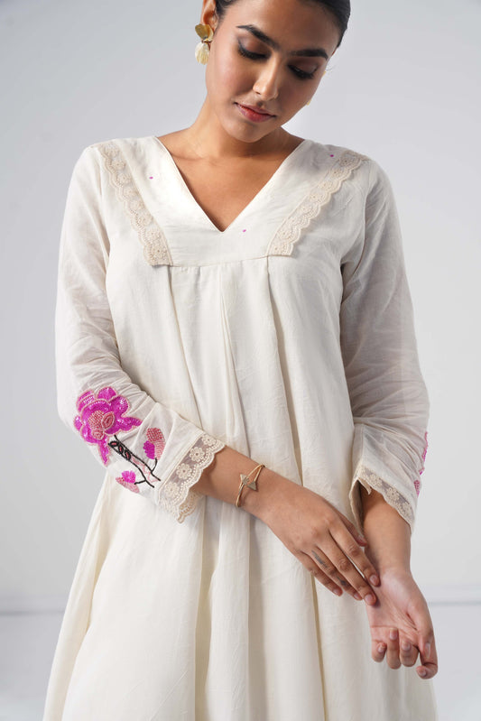 kesar Off white Aline embroidered hand work sleeve mul Chanderi dress