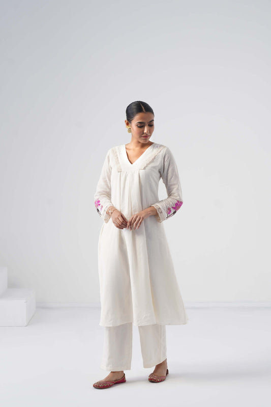 kesar Off white Aline embroidered hand work sleeve mul Chanderi dress