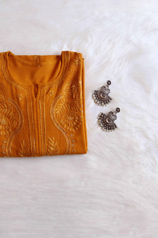 Ida Mustard Rayon mukaish Long Kurta
