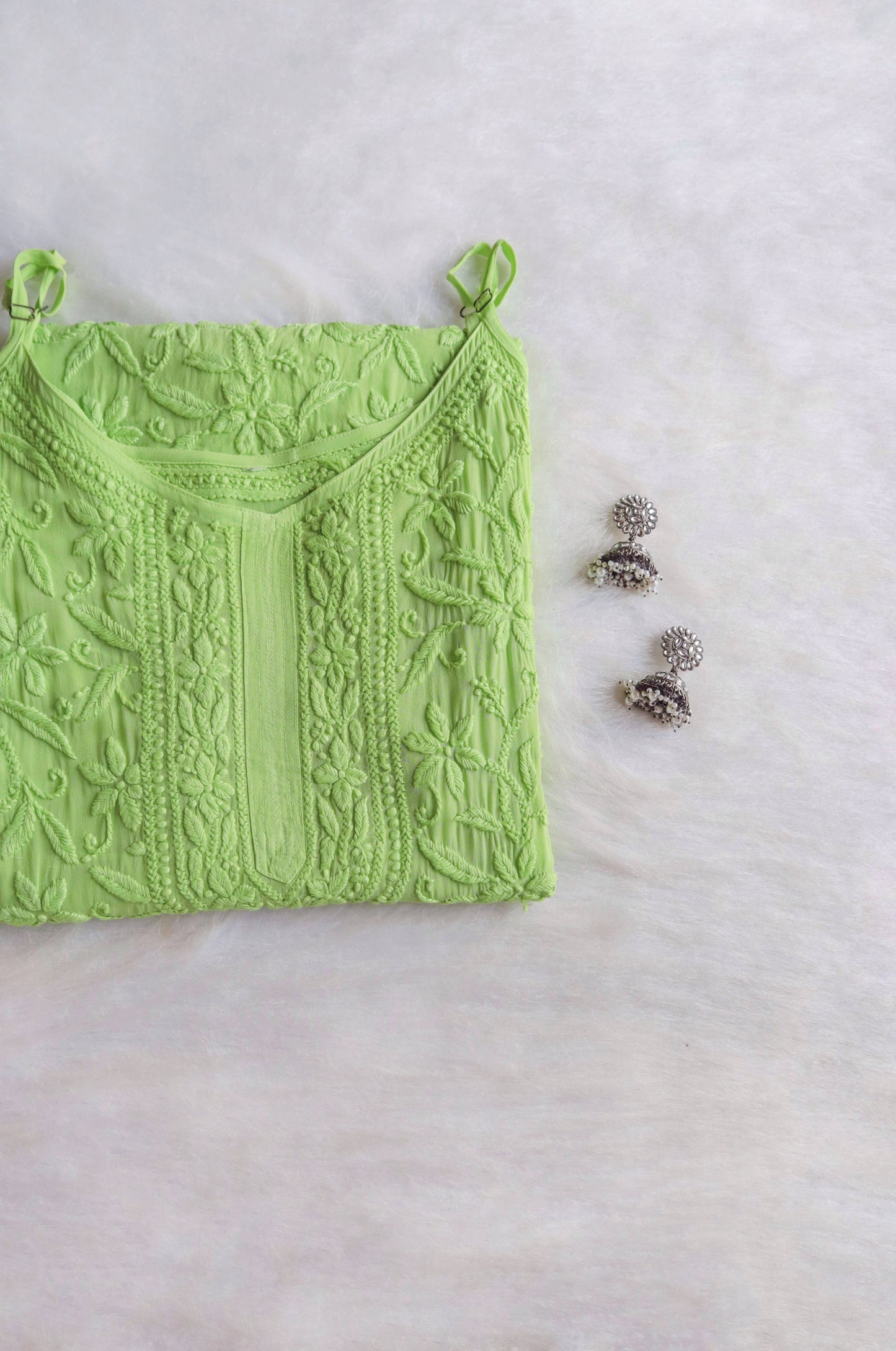 Women wearing Eira lime green strappy kurta