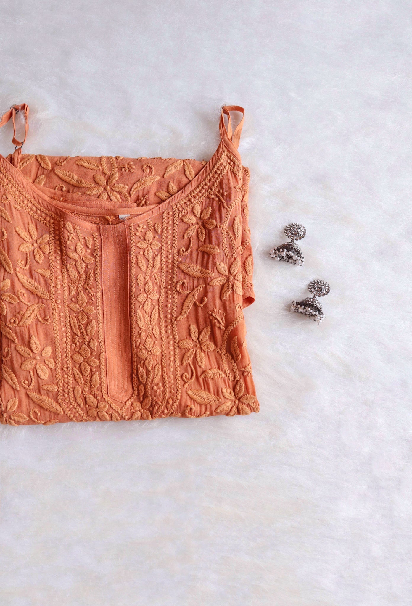 Rust orange viscose kurta with strappy neckline