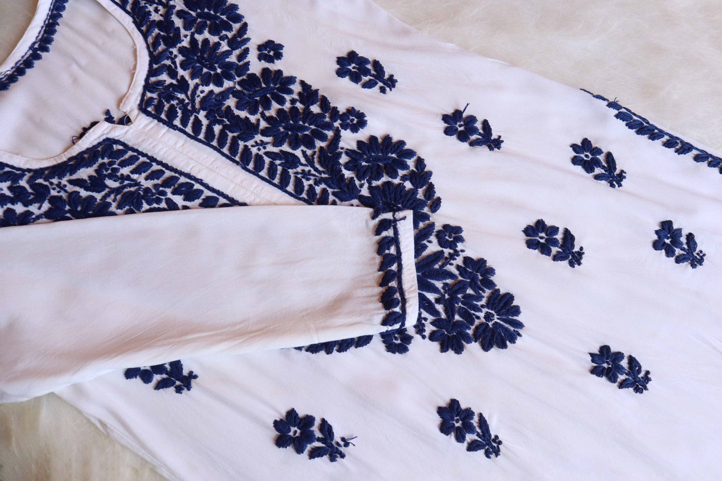 ANTARA White & Navy Blue Long Rayon kurta