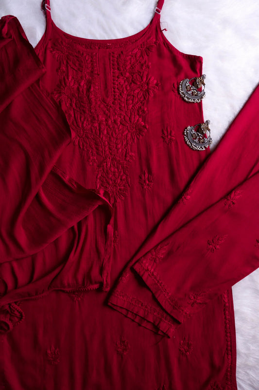 Falak Maroon Noodle Strap 3 Piece Kurta Set for women with stylish kurta, matching bottoms, and dupatta.