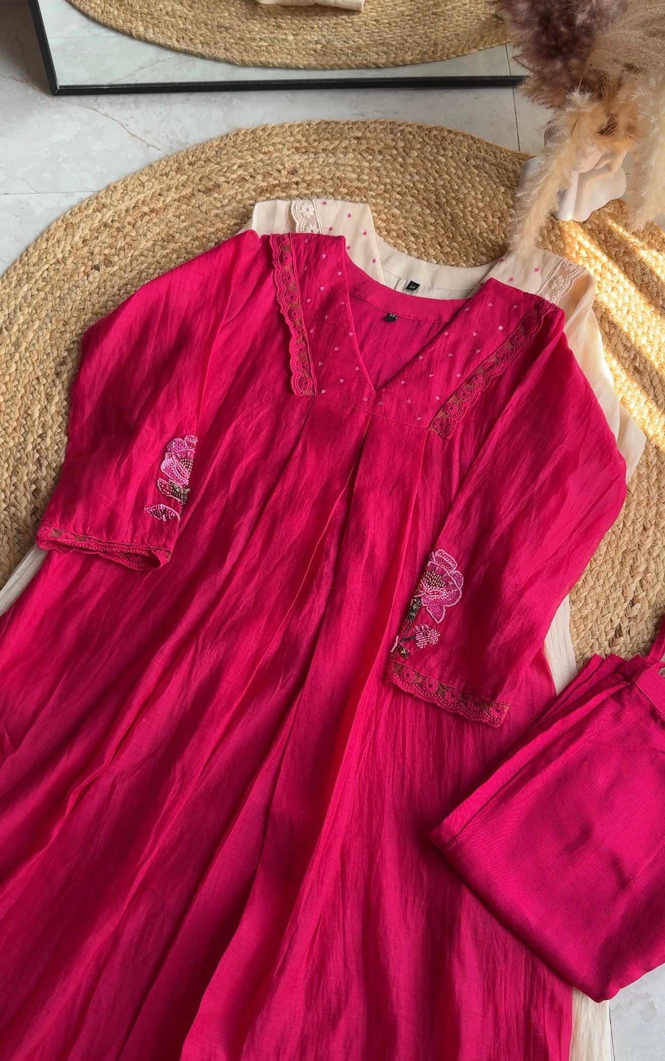 kesar Aline embroidered hand work sleeve mul Chanderi dress