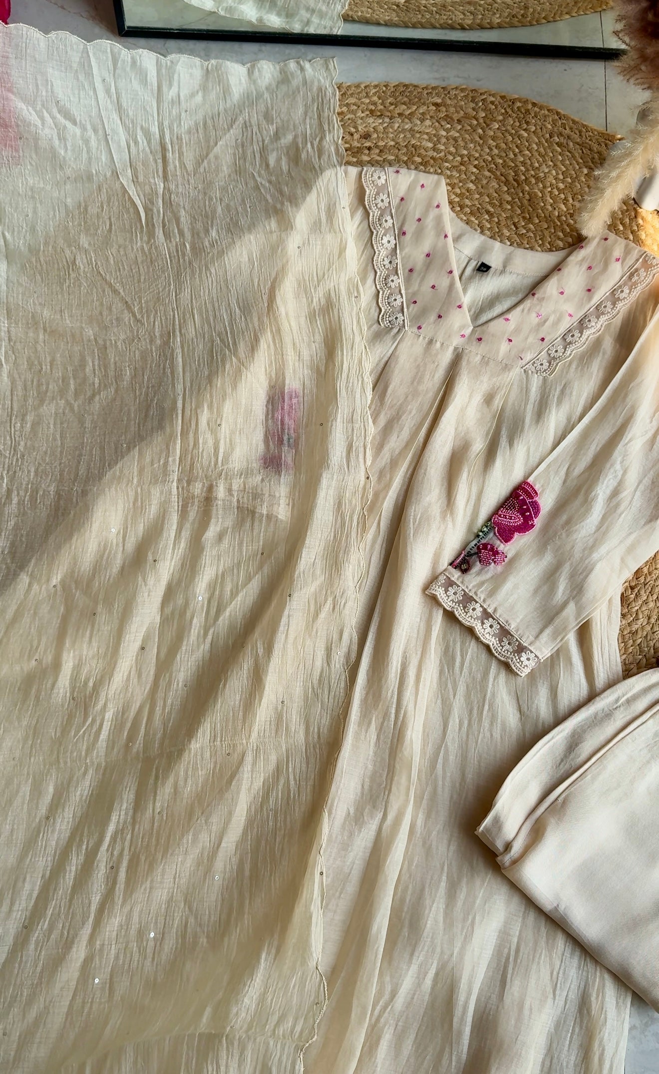 kesar Aline embroidered hand work sleeve mul Chanderi dress