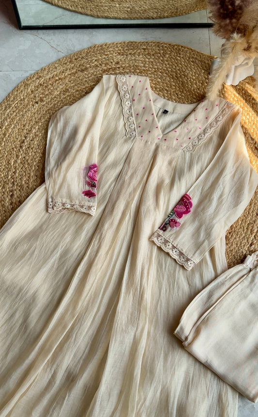 kesar Aline embroidered hand work sleeve mul Chanderi dress