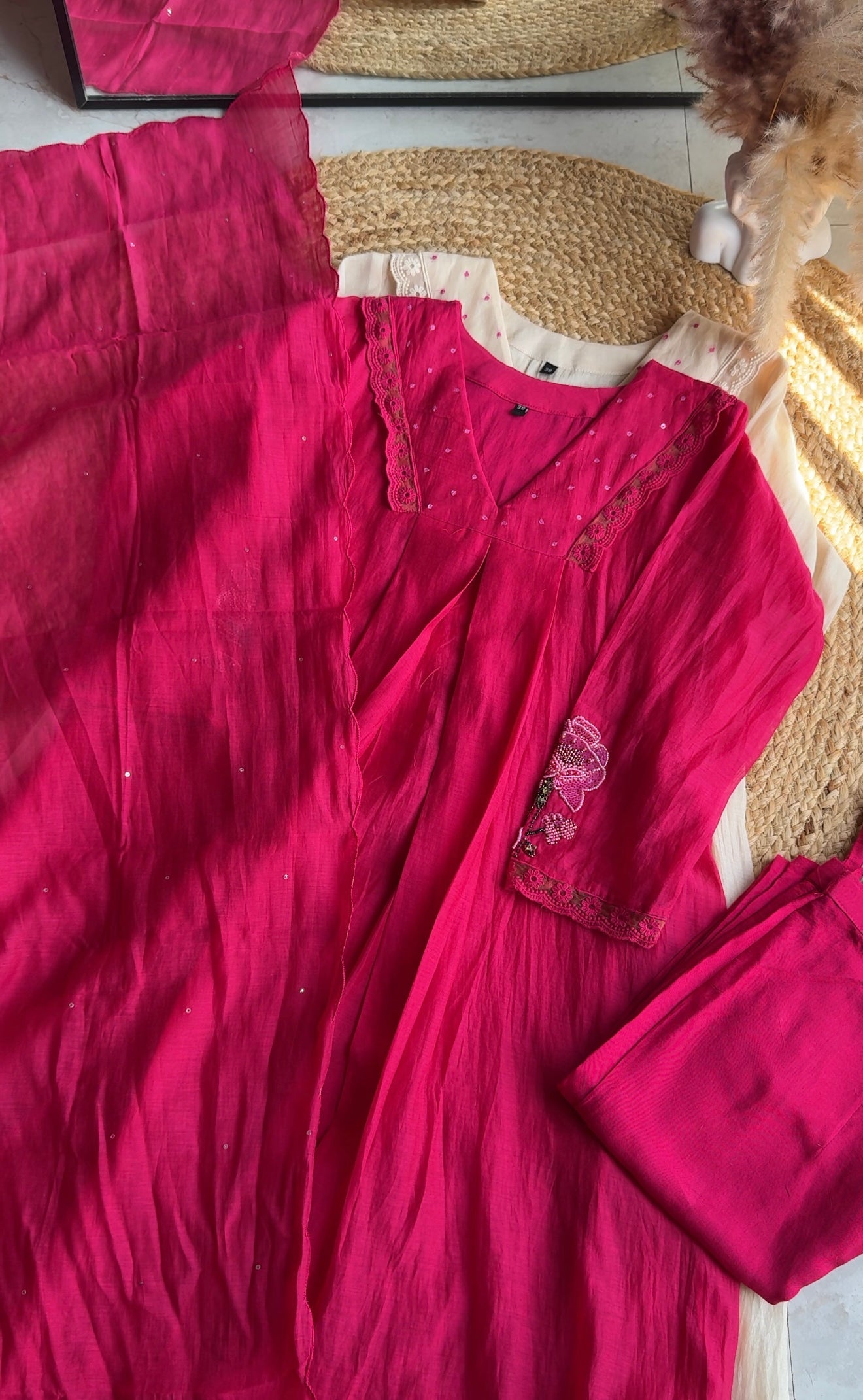 kesar Aline embroidered hand work sleeve mul Chanderi dress