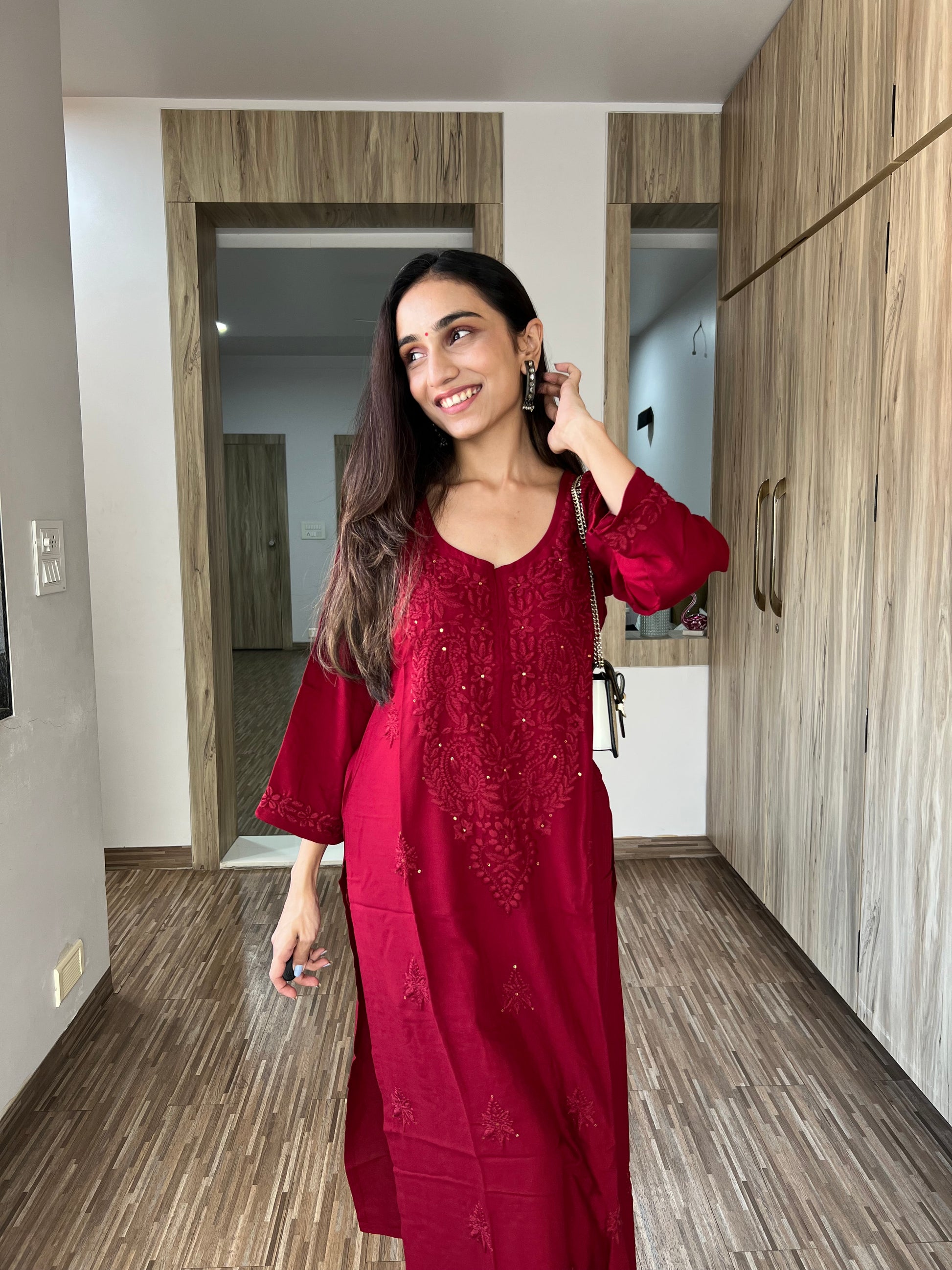 Women’s maroon ethnic rayon kurta palazzo outfit