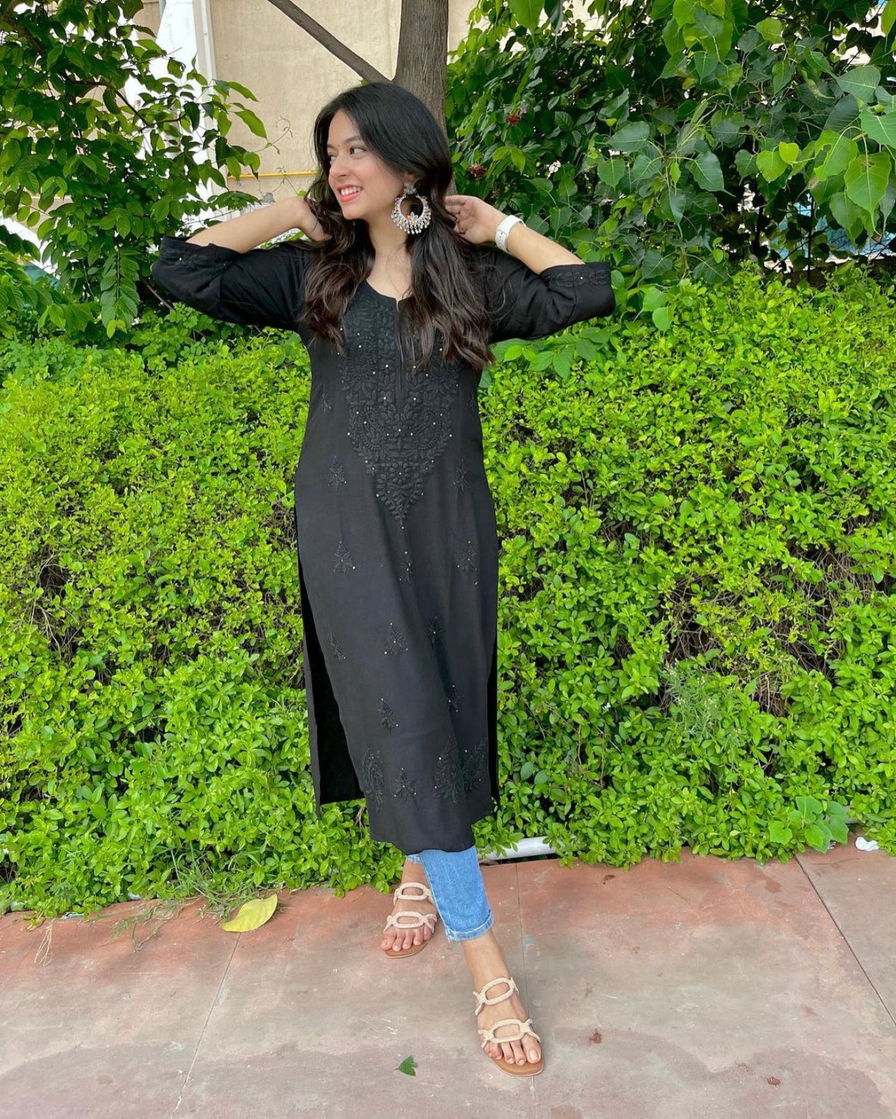 Anouki Black Rayon Long Kurta