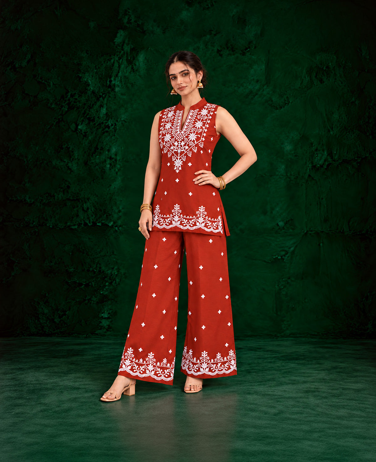 Juhi Rust Red Embroidered Kurta with Palazzo Set