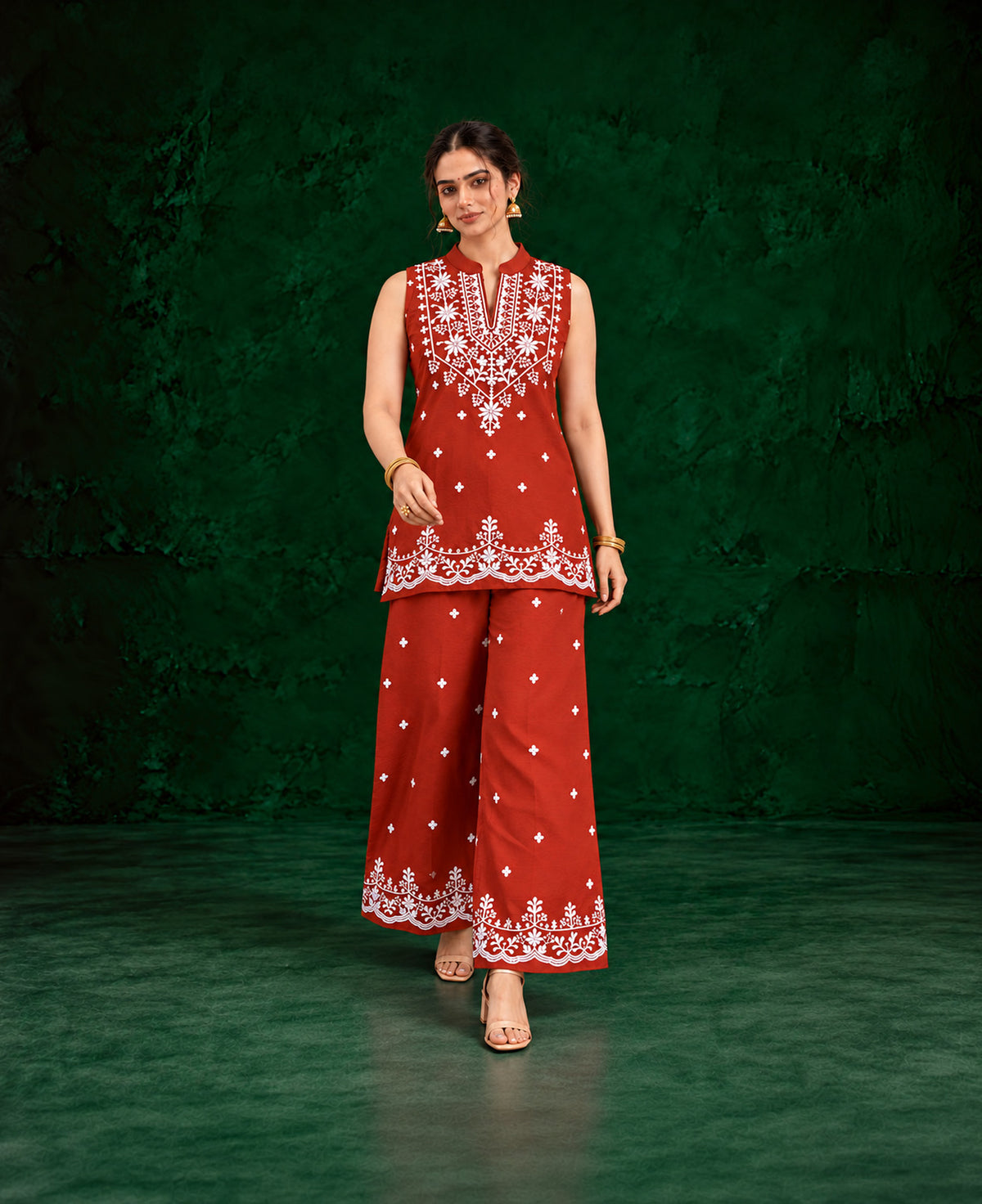 Juhi Rust Red Embroidered Kurta with Palazzo Set
