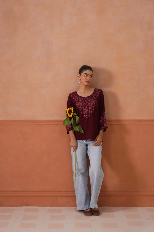 Noor Maroon Floral Embroidery Short Kurta