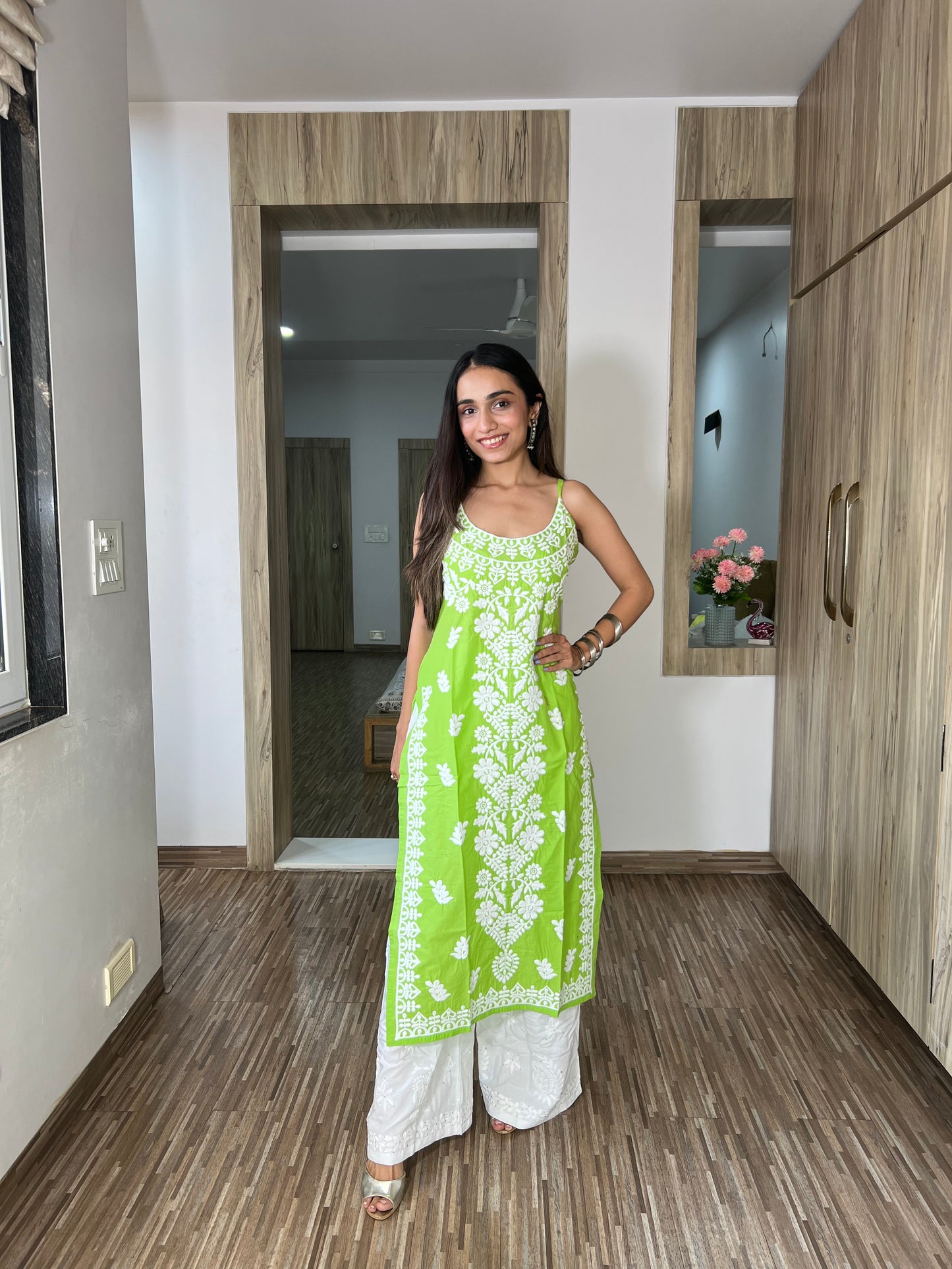 Nazakat lime green kurta – cotton fabric and design close-up