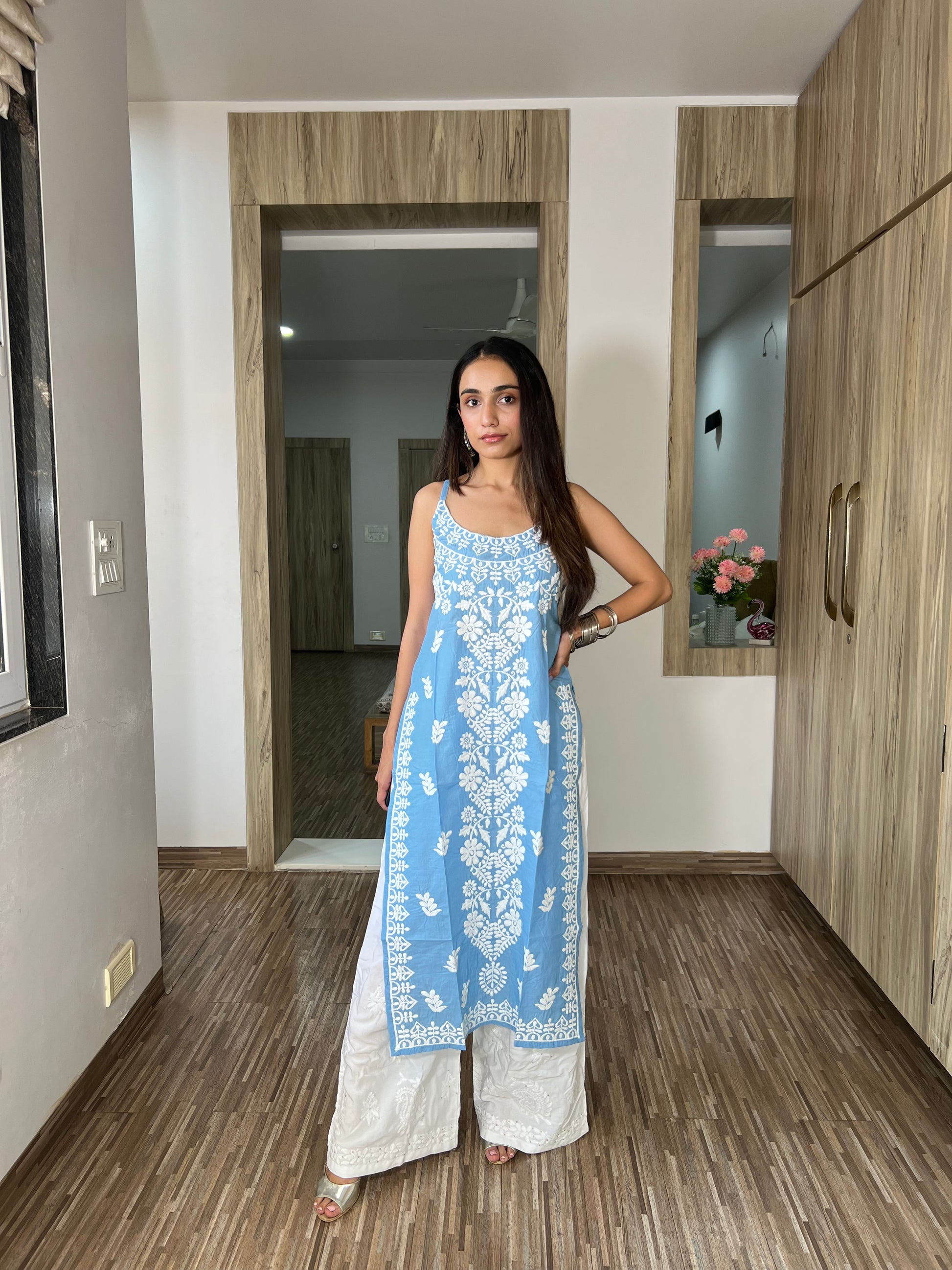 Nazakat ladies powder blue kurta – premium fabric close-up