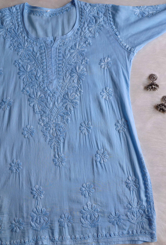 Nazakat ice blue short kurta – neckline and stitching close-up