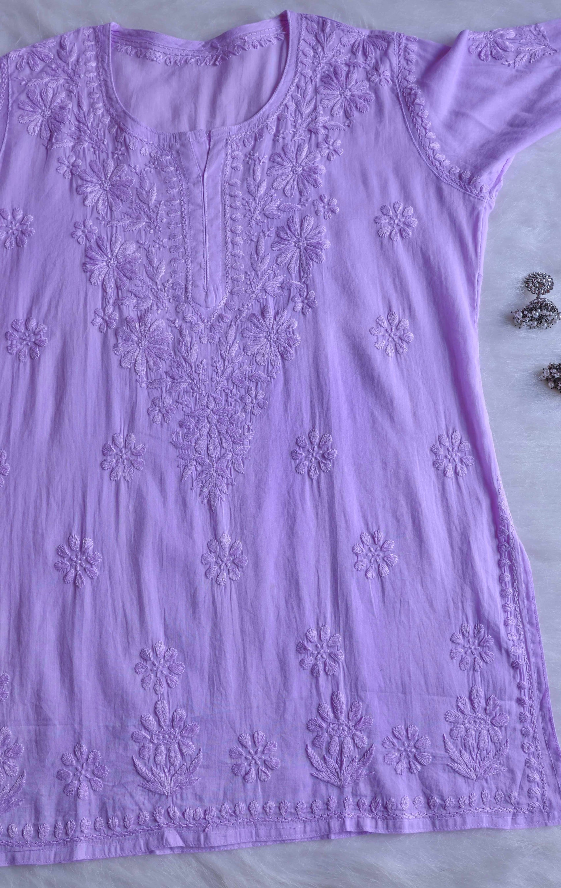 Nazakat lavender short kurta – cotton fabric and design close-up