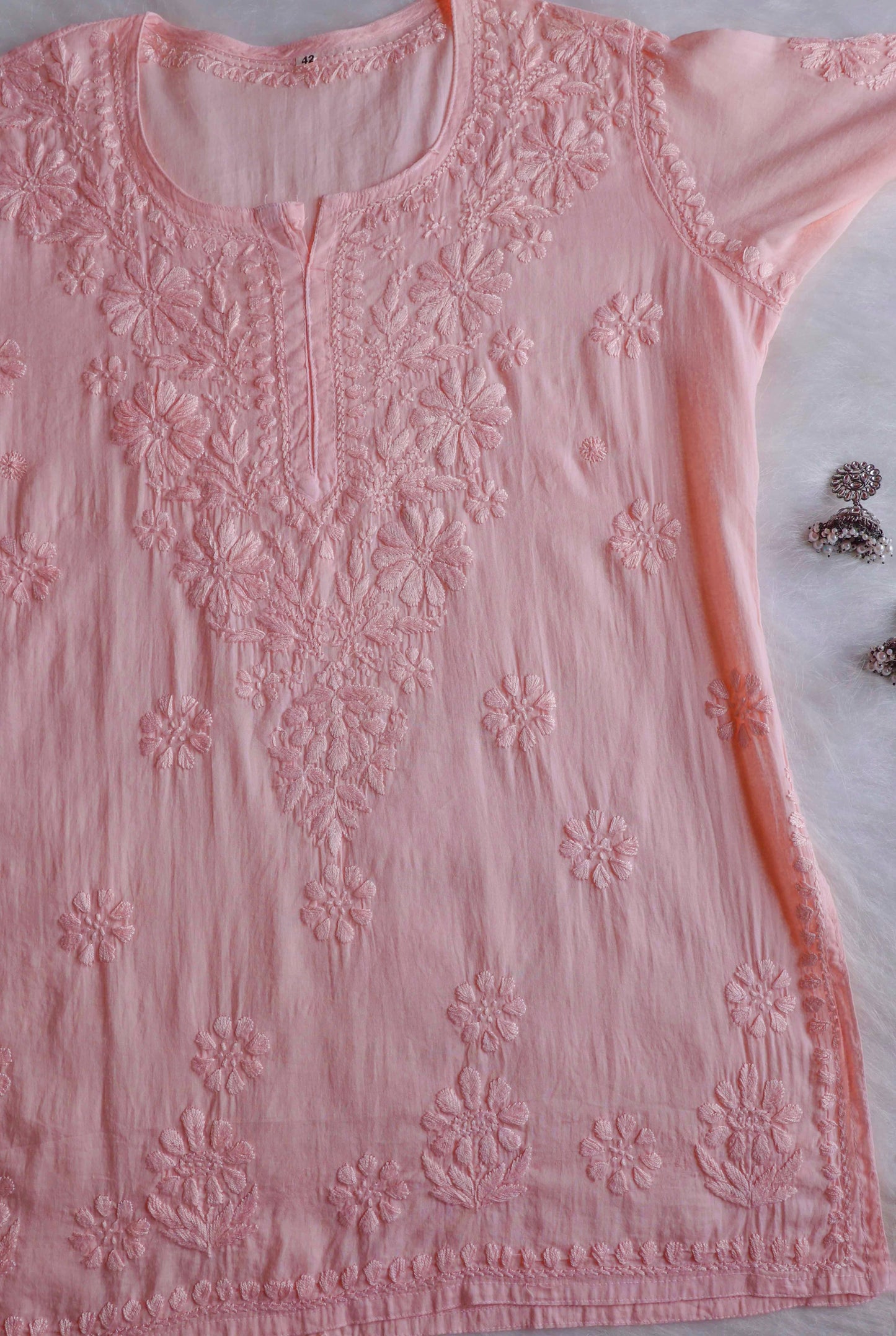 Nazakat ladies peach short kurta – cotton texture close-up