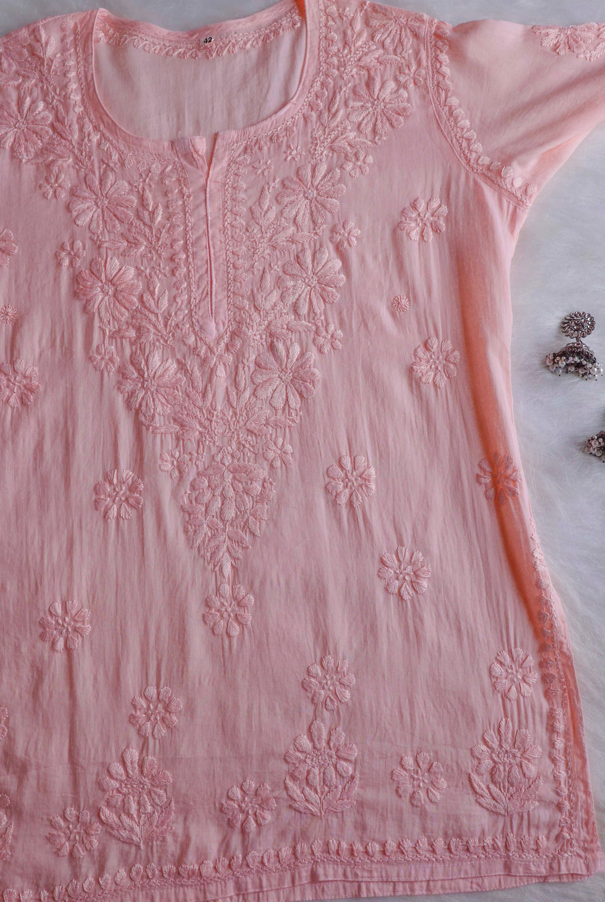 Nazakat ladies peach short kurta – cotton texture close-up