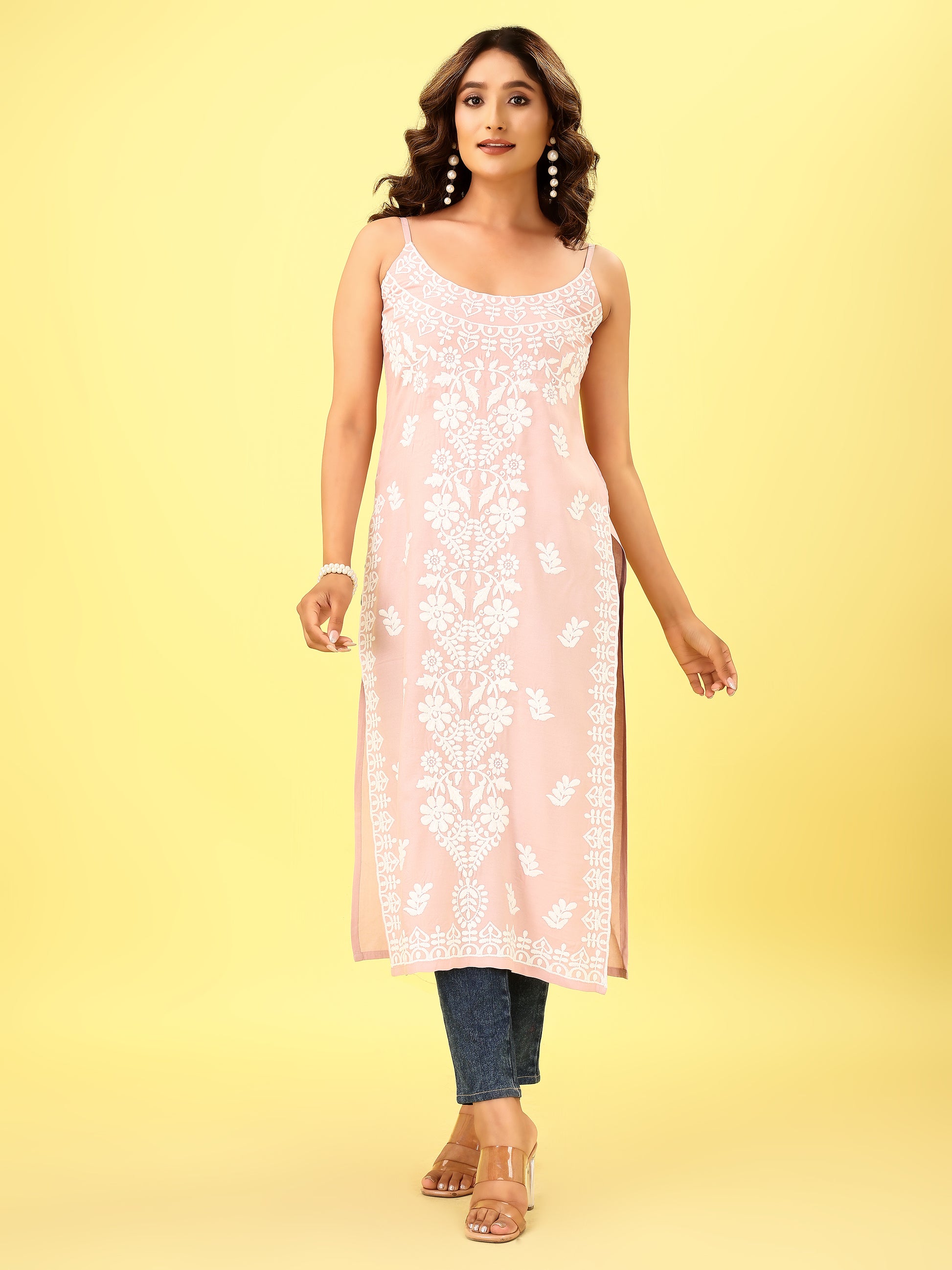 Light pink rayon long kurta by Nazakat – ethnic wear detail