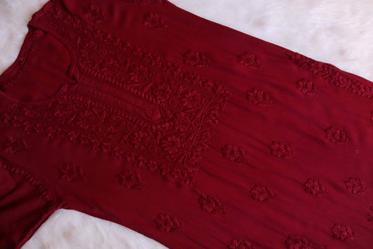 Nikhat Maroon Rayon Long Kurta for Women – Front View