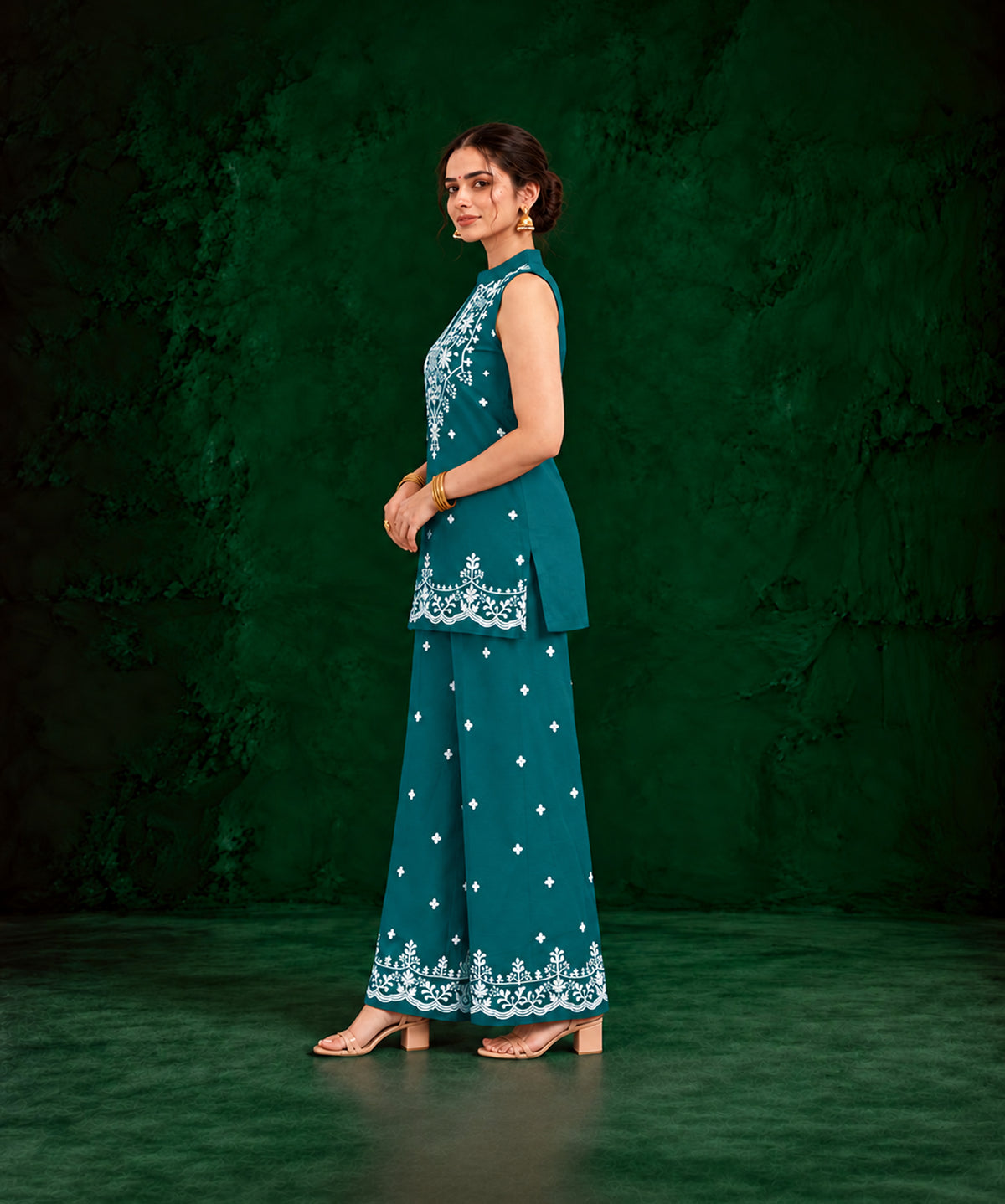 Juhi Teal Blue Embroidered Kurta with Palazzo Set