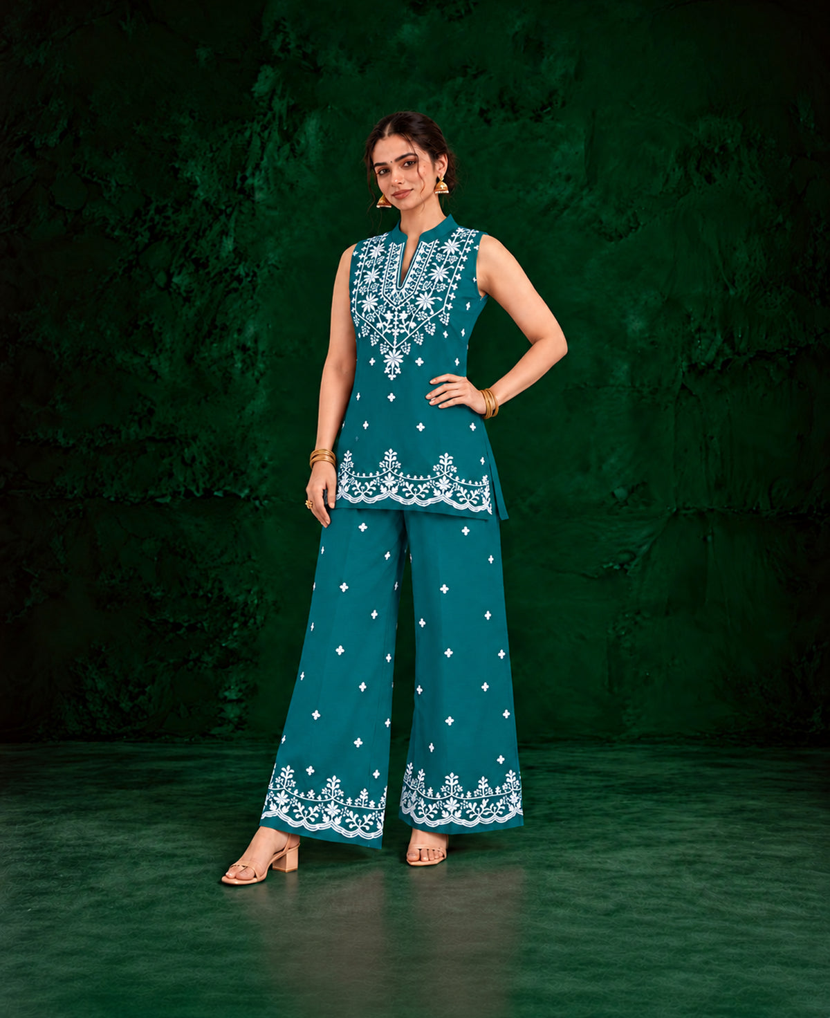Juhi Teal Blue Embroidered Kurta with Palazzo Set