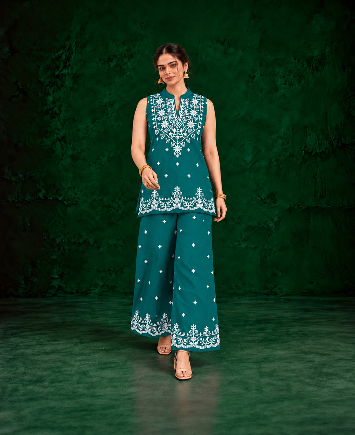 Juhi Teal Blue Embroidered Kurta with Palazzo Set
