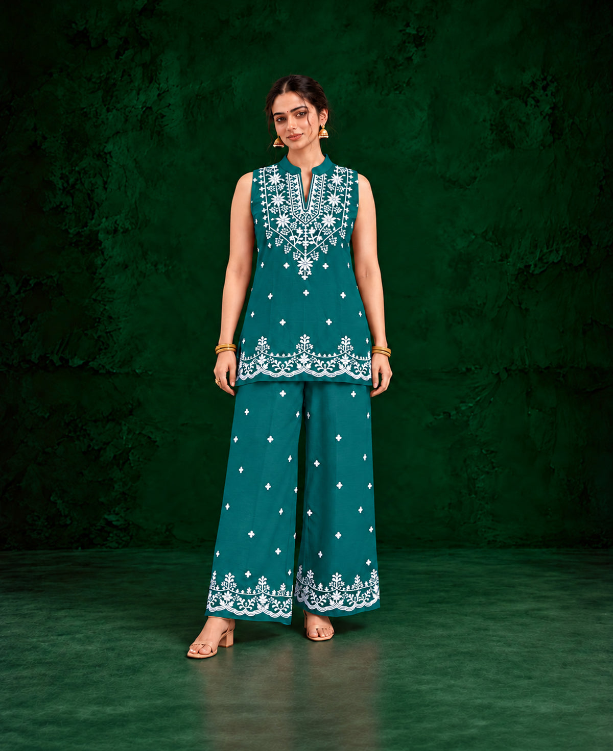 Juhi Teal Blue Embroidered Kurta with Palazzo Set