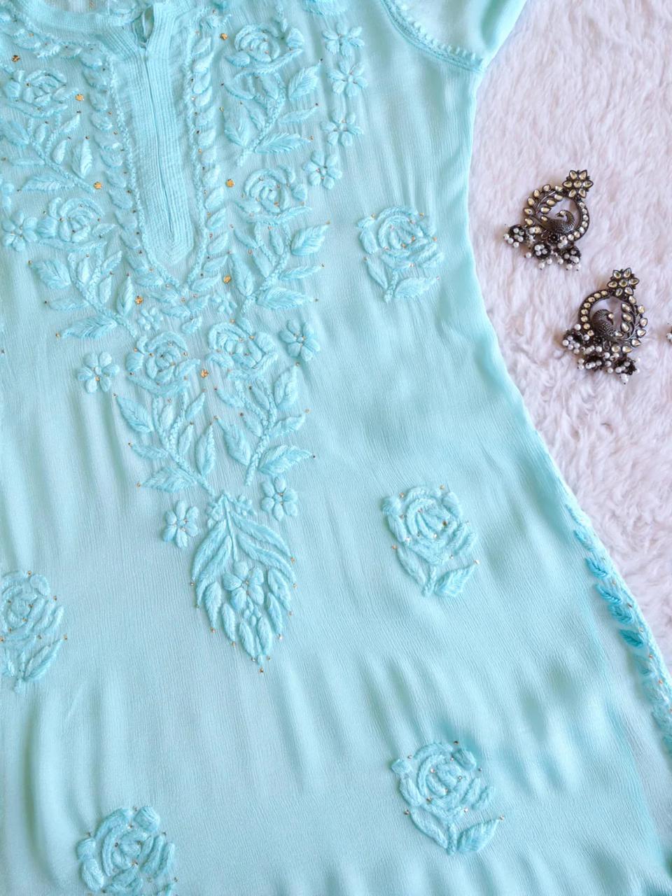 Roop Sky Blue Chiffon Embroidered Kurta – colorkosh