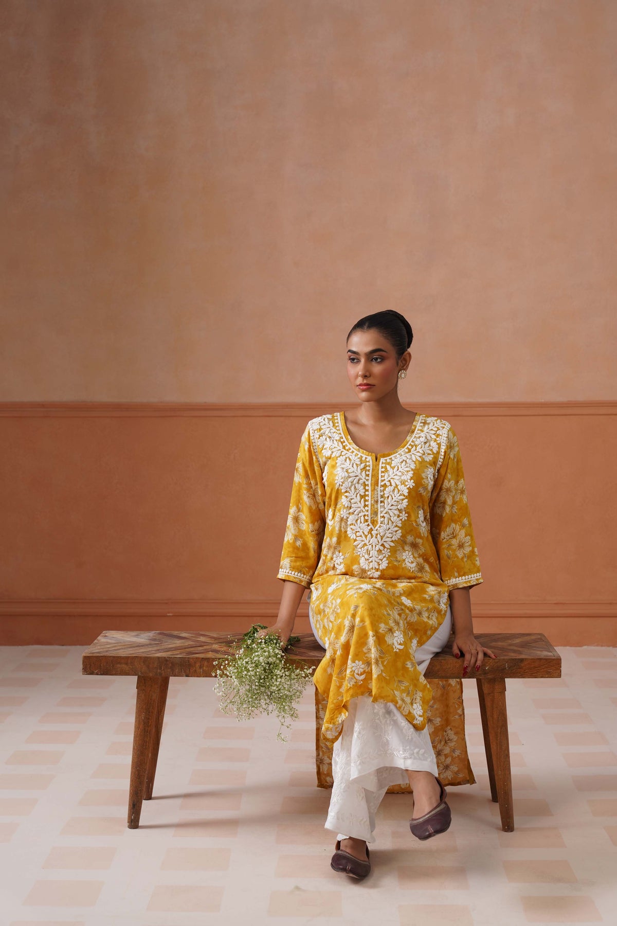 Reetika Yellow Floral Chikankari Embroidery Kurta