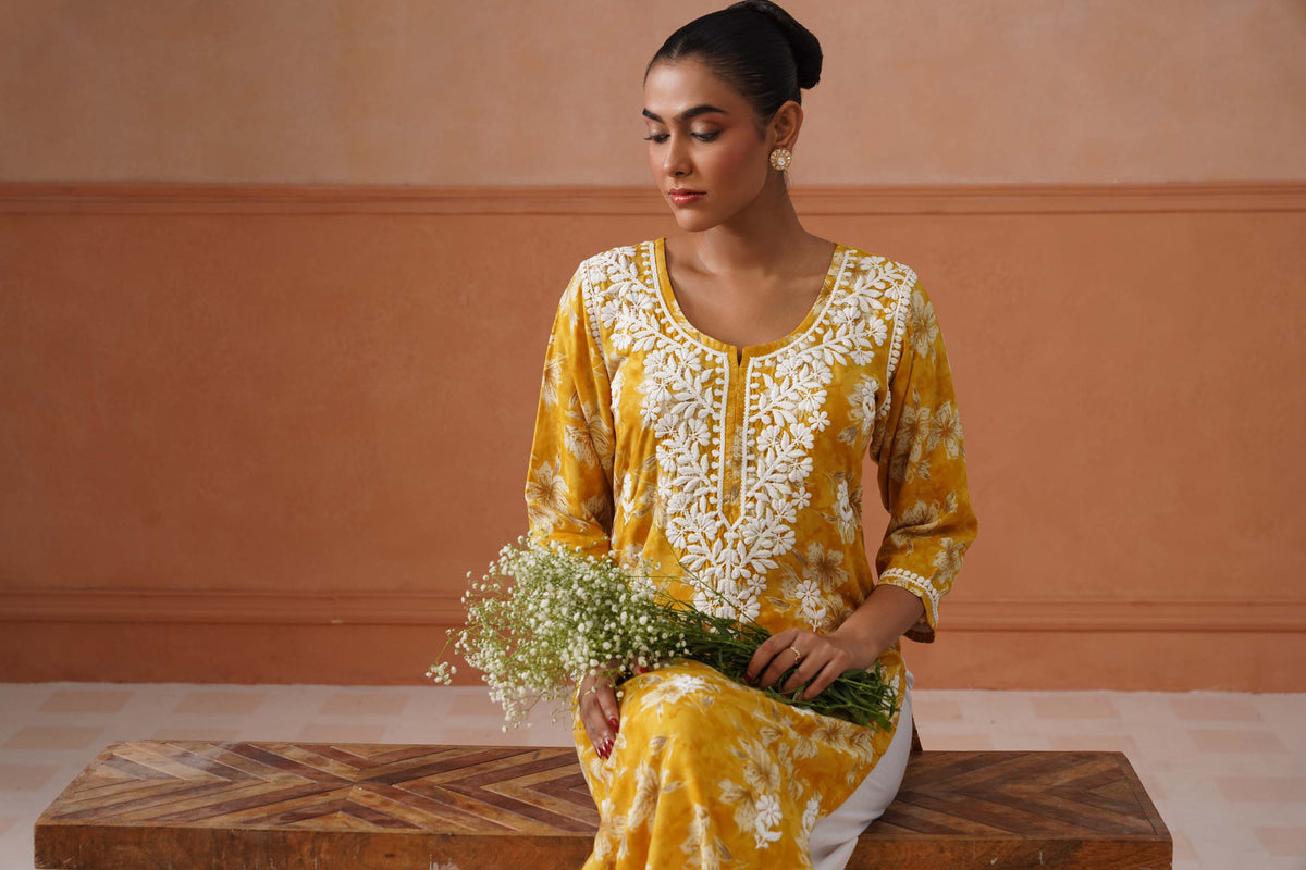 Reetika Yellow Floral Chikankari Embroidery Kurta