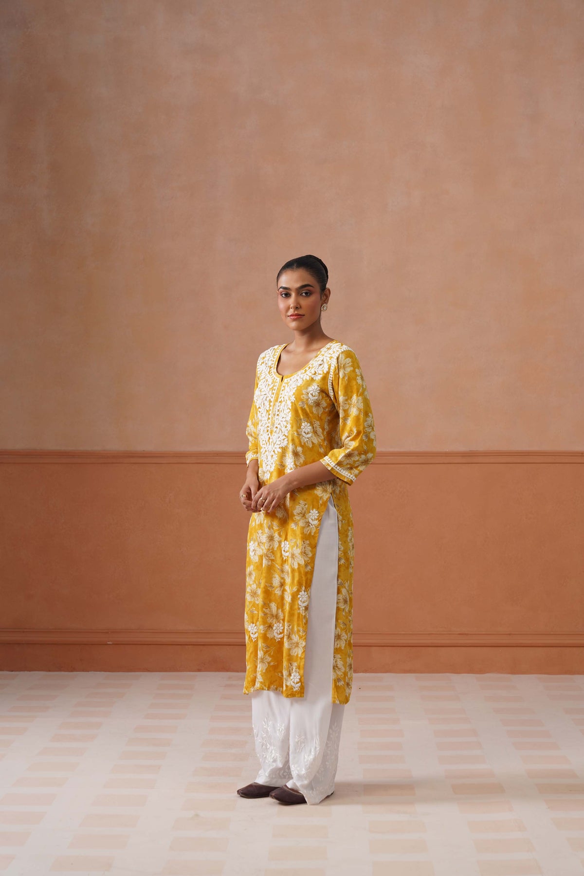 Reetika Yellow Floral Chikankari Embroidery Kurta