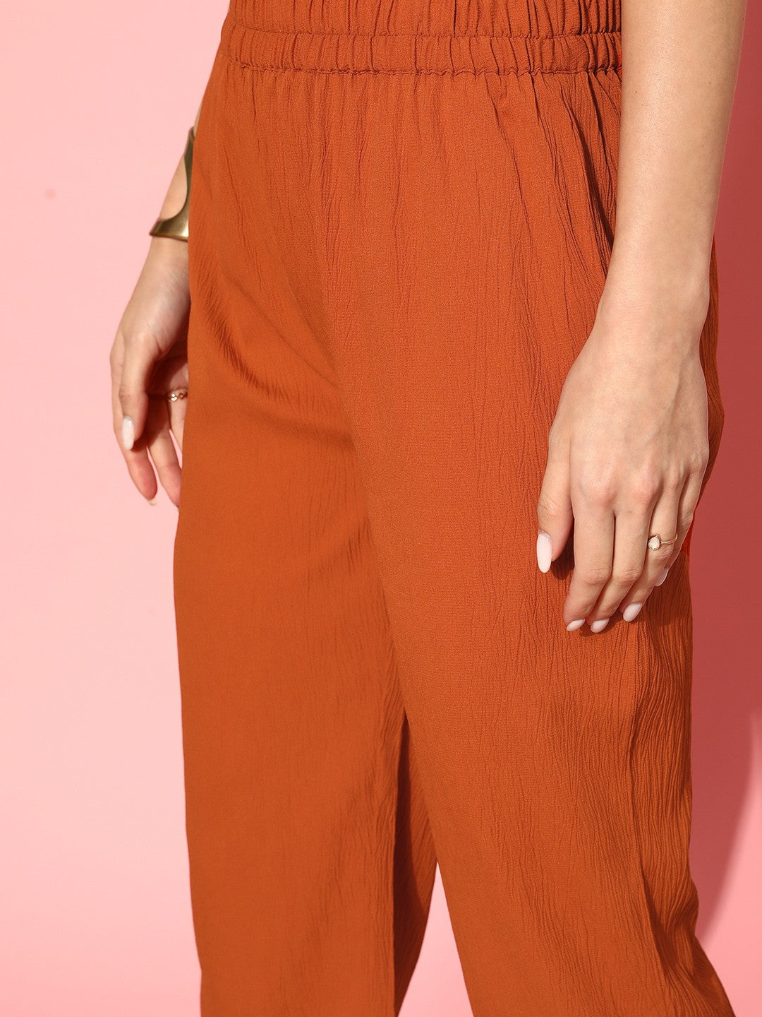 Rust Flared Sleeve Organza detailed Solid Kurta & Plazzo