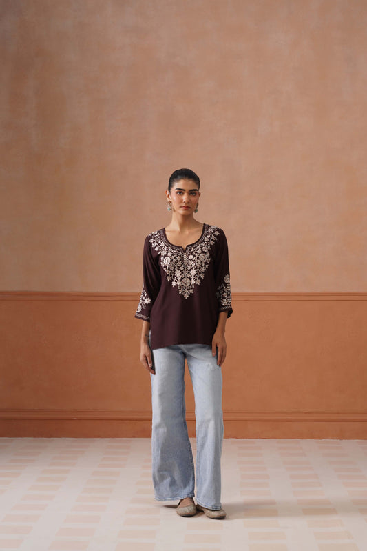 Noor Brown Floral Embroidery Short Kurta