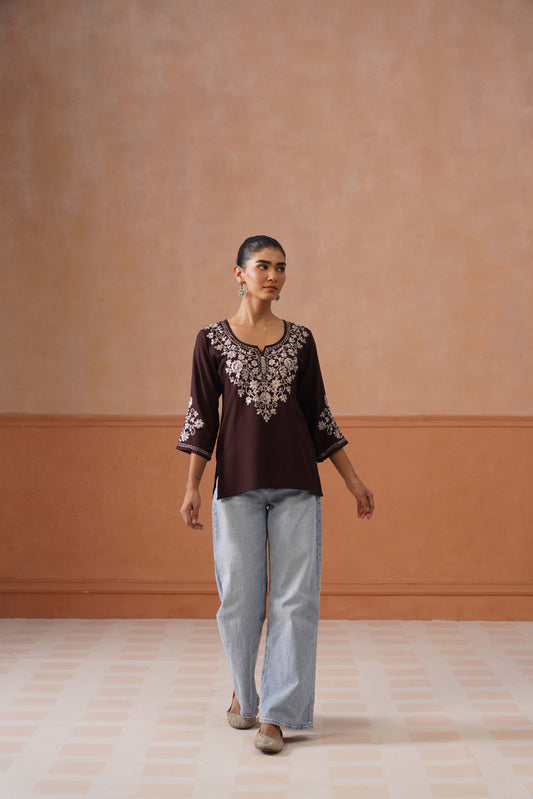 Noor Brown Floral Embroidery Short Kurta