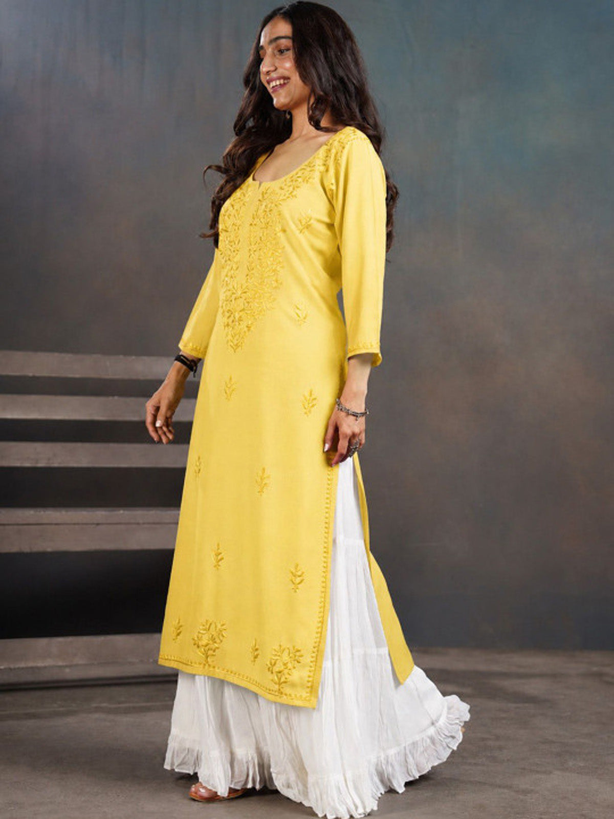 Amber Pastel Yellow Ombre Long Rayon Kurta