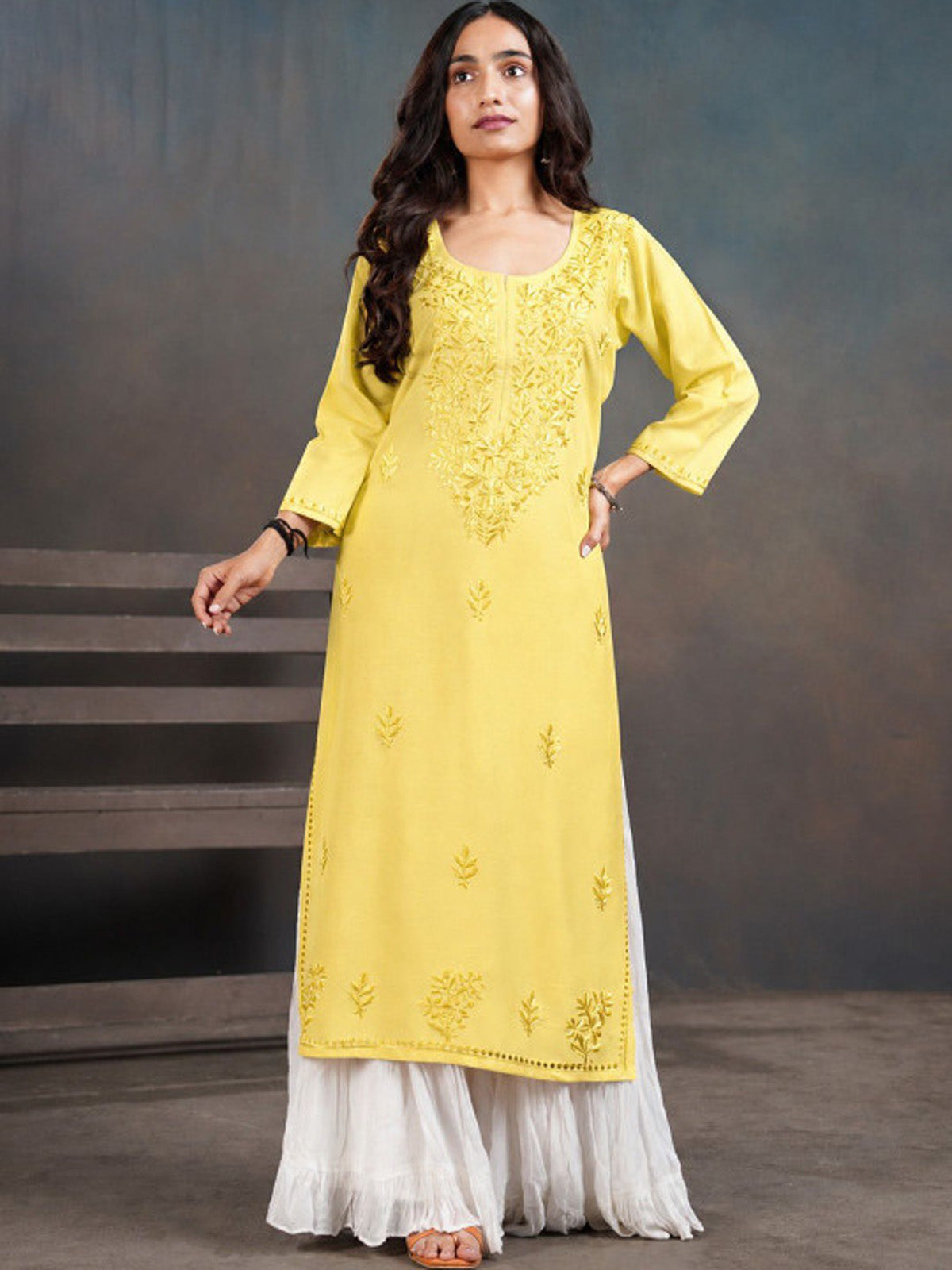 Amber Pastel Yellow Ombre Long Rayon Kurta