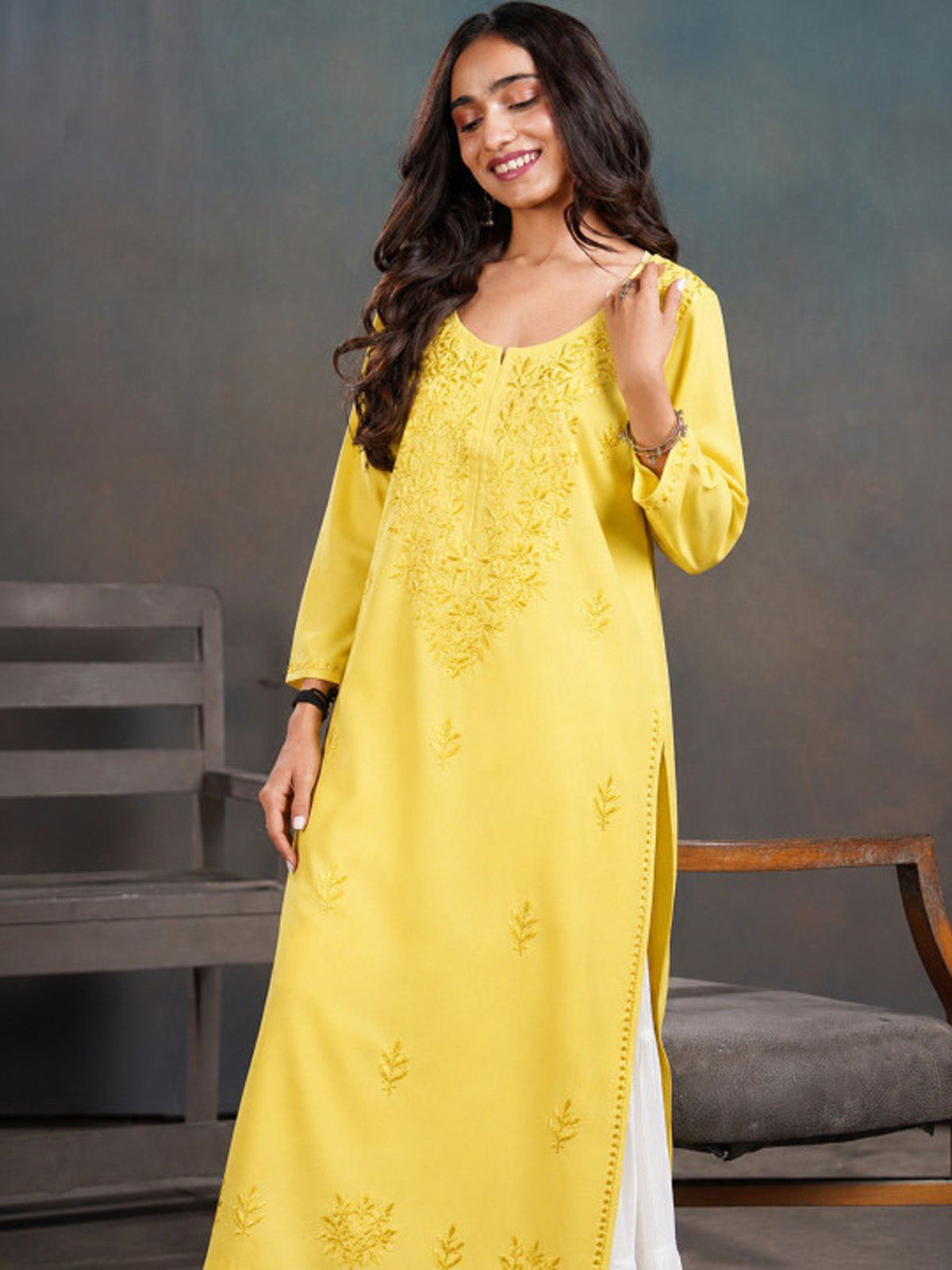 Amber Pastel Yellow Ombre Long Rayon Kurta