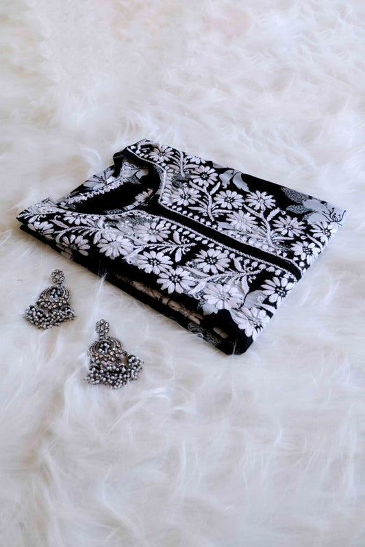 Mehnoor Black Floral Long Muslin kurta