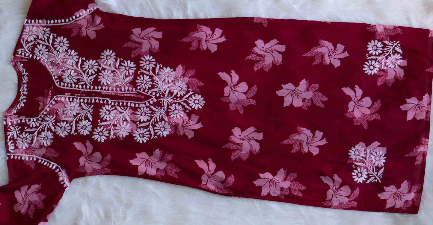 Mehnoor Maroon Floral Long Muslin kurta