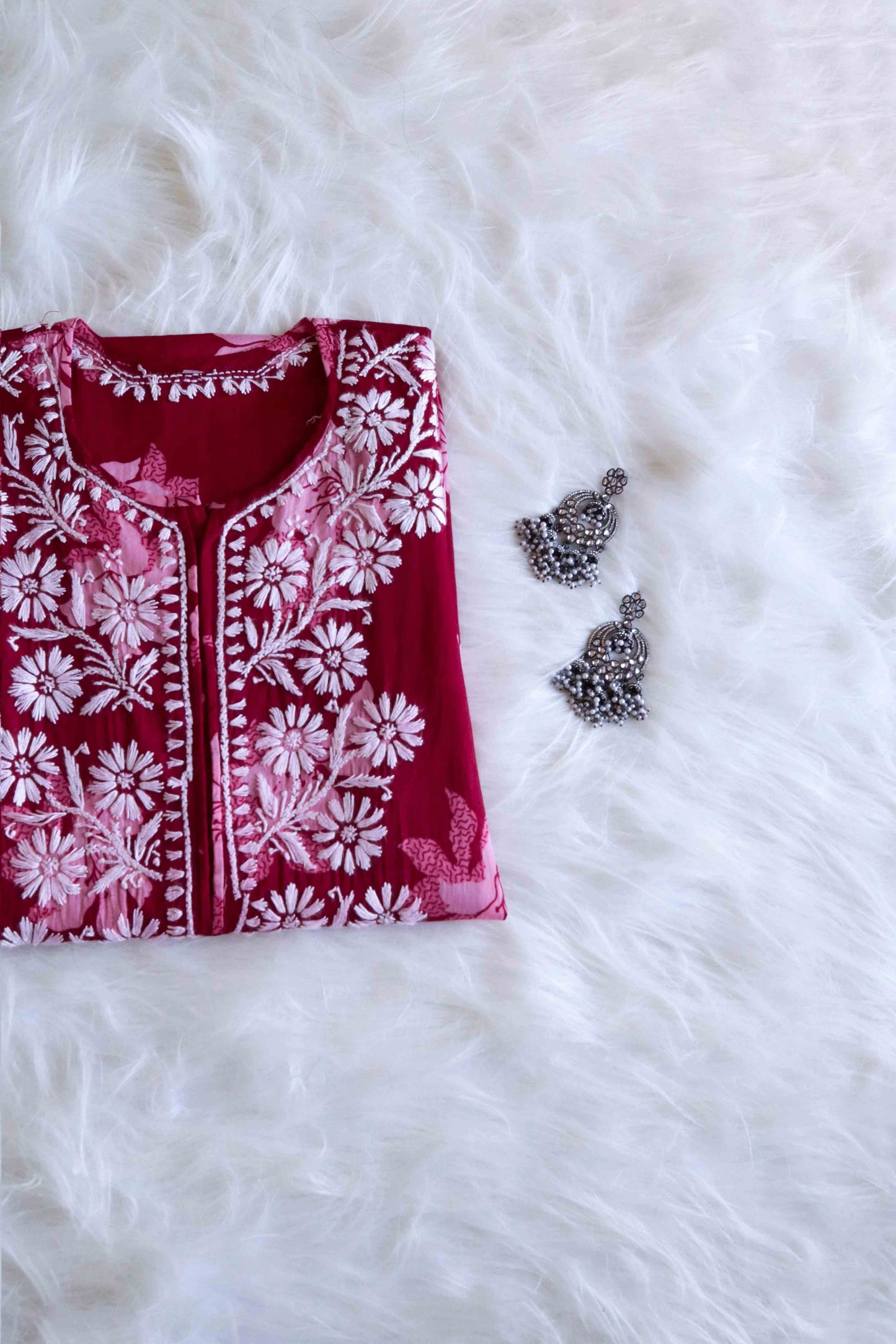 Mehnoor Maroon Floral Long Muslin kurta
