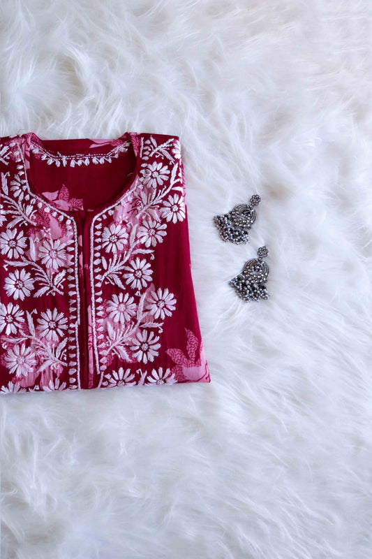 Mehnoor Maroon Floral Long Muslin kurta