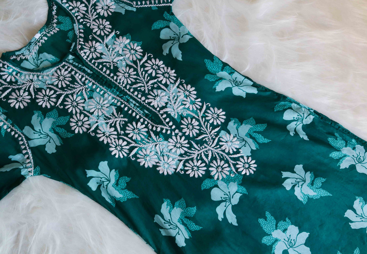 Mehnoor Dark Green Floral Long Muslin kurta